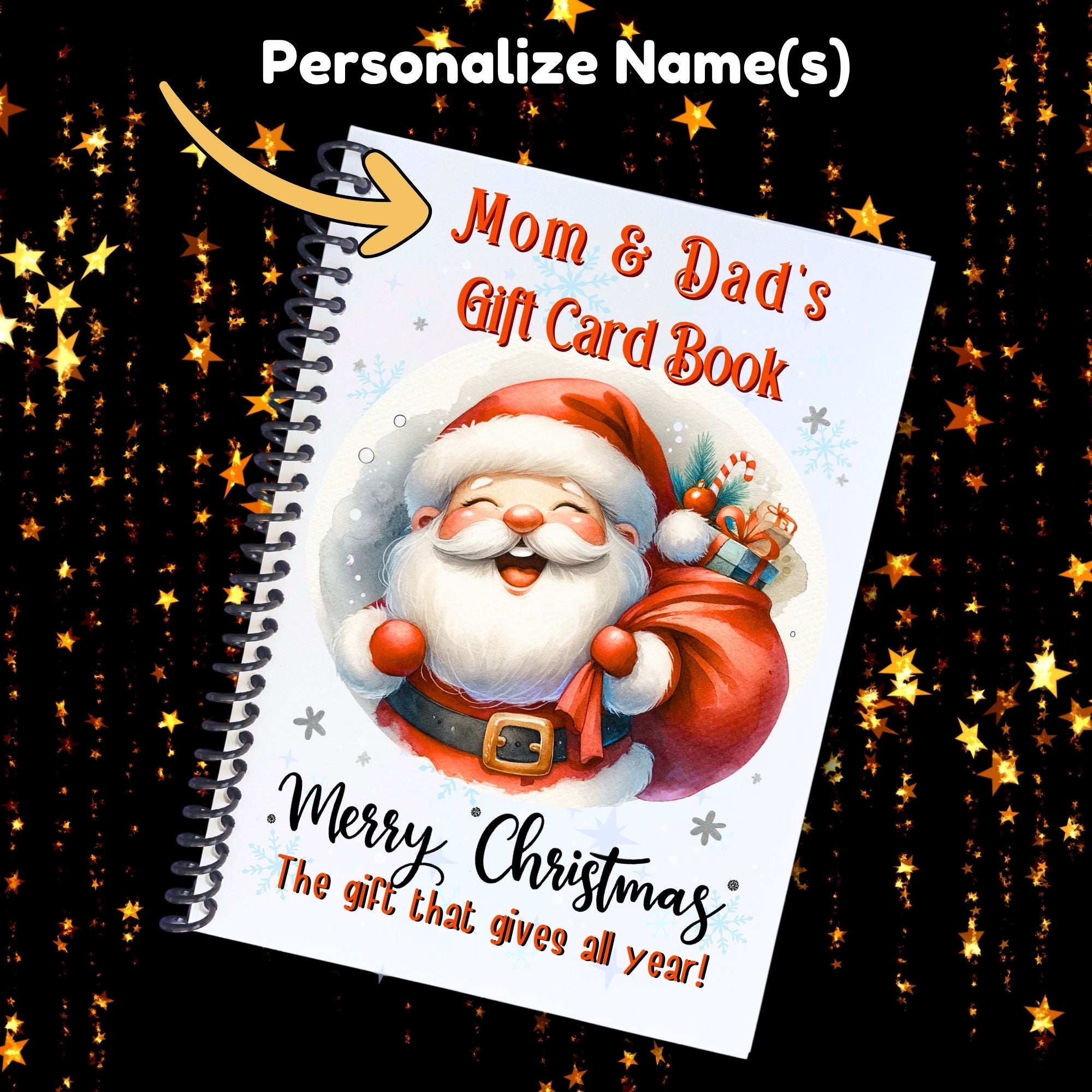 This image shows where your personalized name will be printed on the Personalized Christmas 12 Month Gift Card Book with Stickers and PVC Cover - Santa.