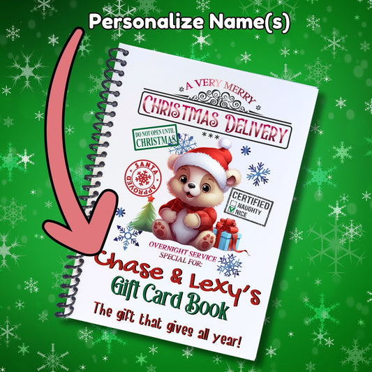 This image shows where your personalized name will be printed on the Personalized Christmas 12 Month Gift Card Book with Stickers and PVC Cover - Bear.