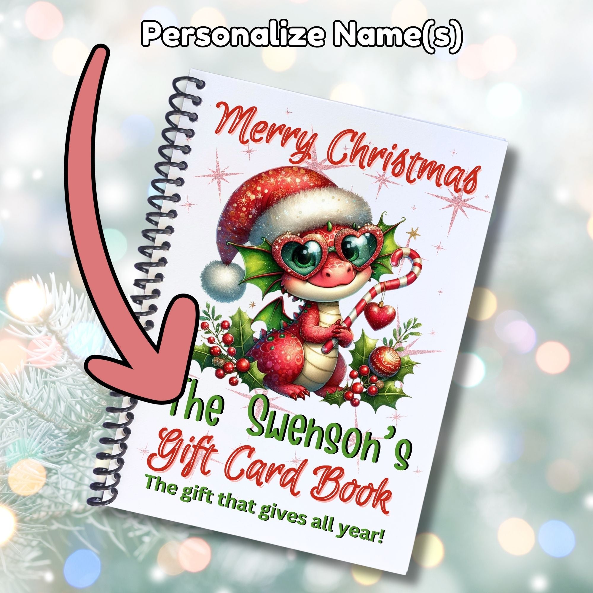 This image shows where your personalized name will be printed on the Personalized Christmas 12 Month Gift Card Book with Stickers and PVC Cover - Cute Dragon.