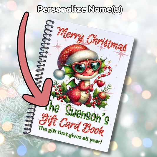 This image shows where your personalized name will be printed on the Personalized Christmas 12 Month Gift Card Book with Stickers and PVC Cover - Cute Dragon.