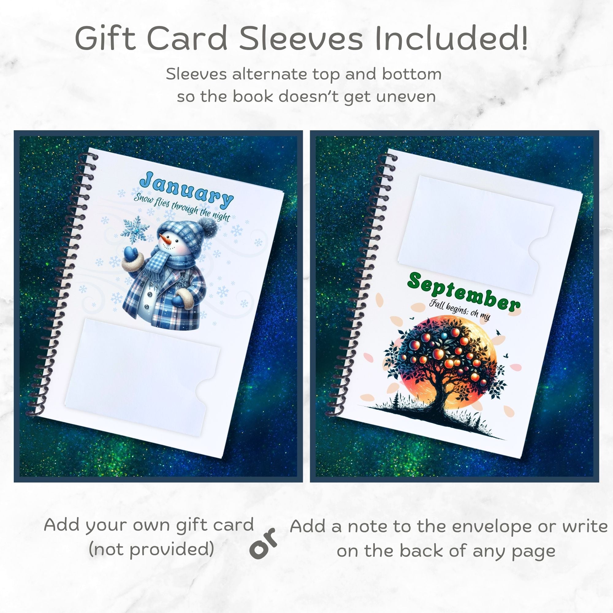 This image shows how the gift card sleeves alternate top and bottom in the Personalized Christmas 12 Month Gift Card Book with Stickers and PVC Cover - Snowboarding Turtle.