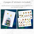Load image into Gallery viewer, This image shows how you can use the 2 matte paper sticker sheets included in the Personalized Christmas 12 Month Gift Card Book with Stickers and PVC Cover - Snowboarding Turtle.

