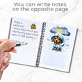 Load image into Gallery viewer, This image shows how you can write a personal message on the back of any page in the Personalized Christmas 12 Month Gift Card Book with Stickers and PVC Cover - Snowboarding Turtle.
