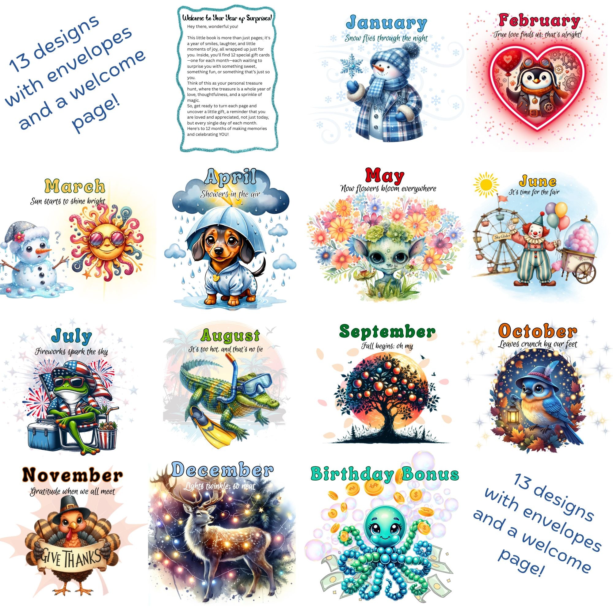 This image shows the 14 different images/pages in the Personalized Christmas 12 Month Gift Card Book with Stickers and PVC Cover - Snowboarding Turtle.