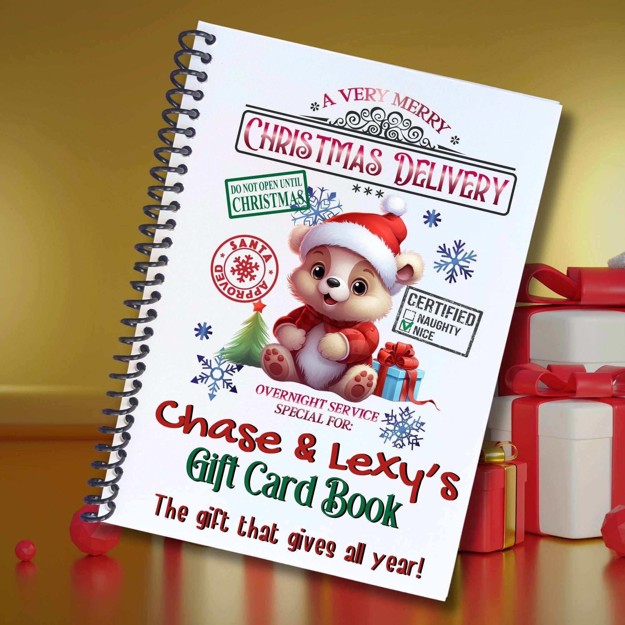 This image shows the Personalized Christmas 12 Month Gift Card Book with Stickers and PVC Cover - Bear.