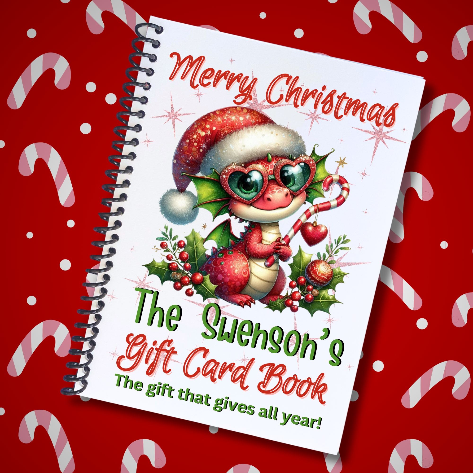 This image shows the Personalized Christmas 12 Month Gift Card Book with Stickers and PVC Cover - Cute Dragon.