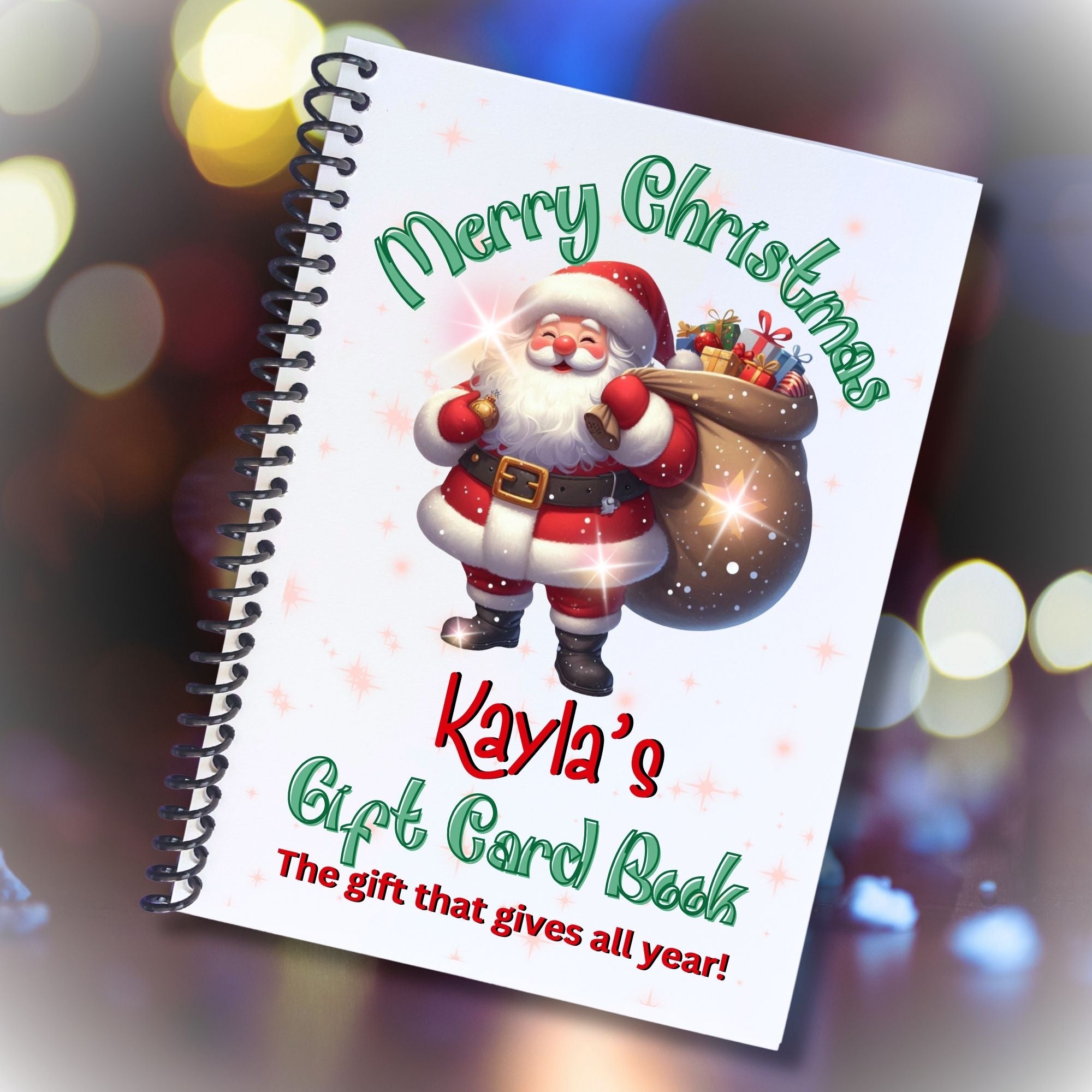 This image shows the Personalized Christmas 12 Month Gift Card Book with Stickers and PVC Cover - Santa Standing.