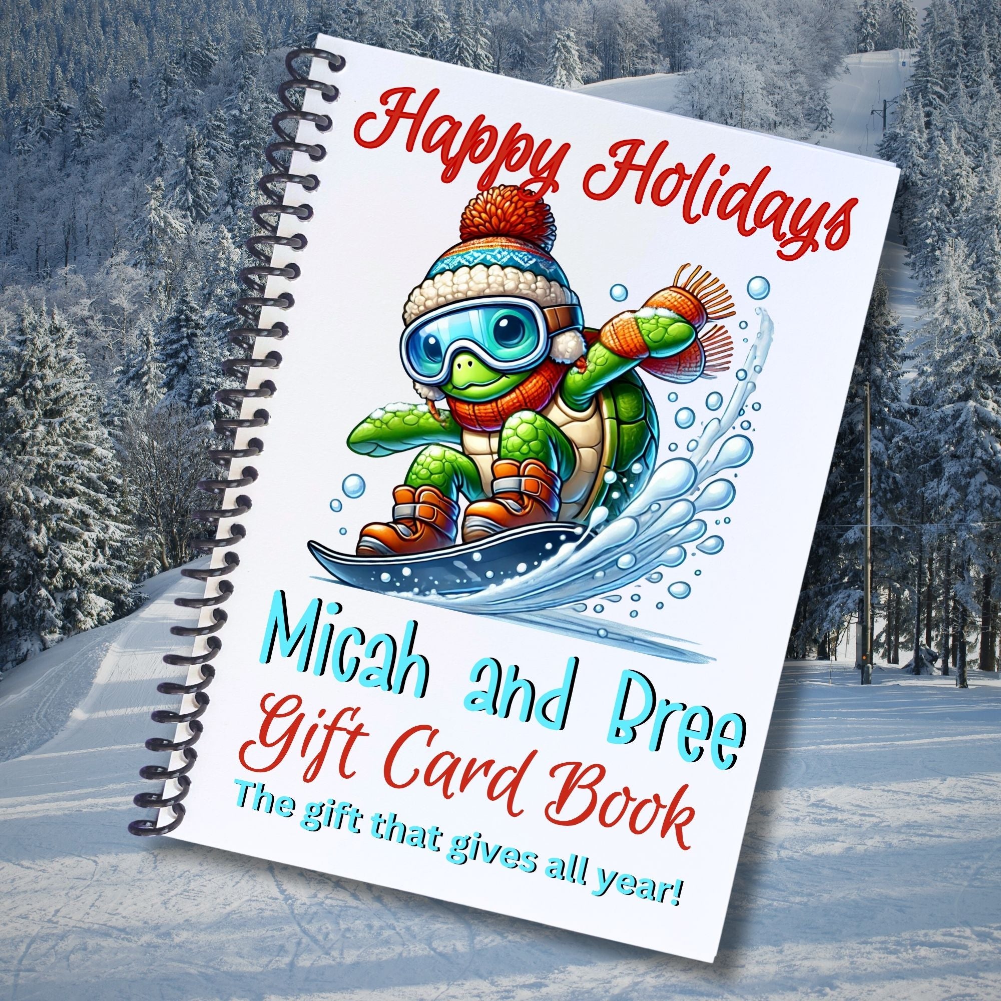 This image shows the Personalized Christmas 12 Month Gift Card Book with Stickers and PVC Cover - Snowboarding Turtle.
