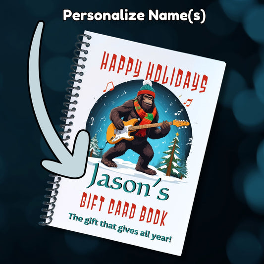 This image shows where your personalized name will be printed on the Personalized Christmas 12 Month Gift Card Book with Stickers and PVC Cover - Gorilla Playing Guitar.
