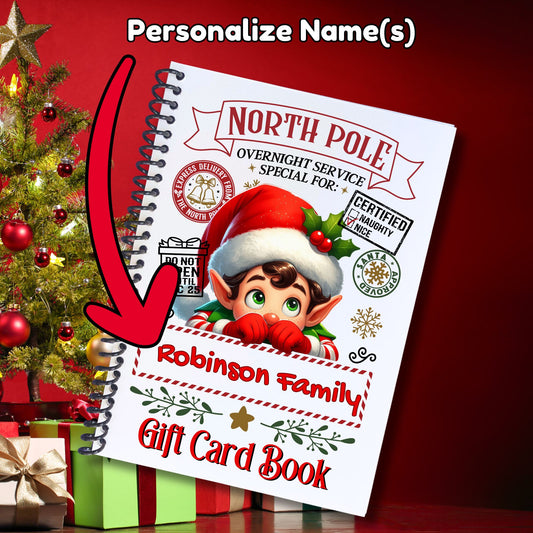 This image shows where your personalized name will be printed on the Personalized Christmas Gift Card Book with Stickers and PVC Cover - Male Elf.