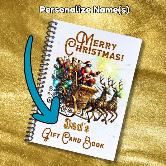 This image shows where your personalized name will be printed on the Personalized Christmas Gift Card Book with Stickers and PVC Cover - Steampunk Santa.