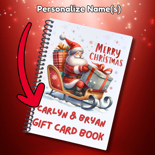 This image shows where your personalized name will be printed on the Personalized Christmas Gift Card Book with Stickers and PVC Cover - Santa Sleigh Package.