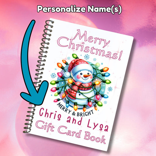 This image shows where your personalized name will be printed on the Personalized Christmas Gift Card Book with Stickers and PVC Cover - Snowman Lights.