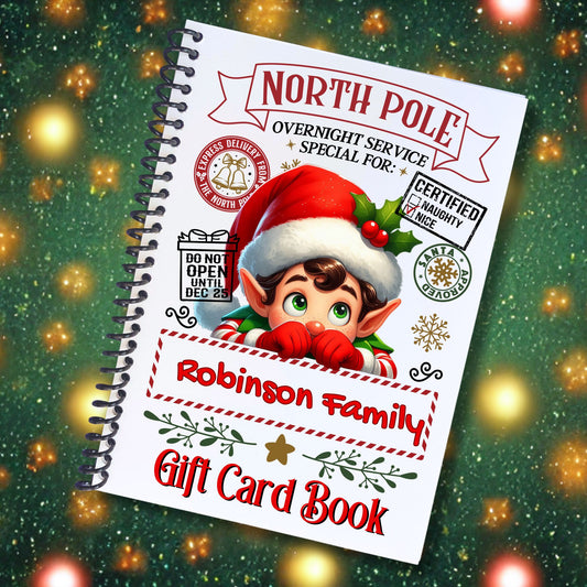 This image shows the Personalized Christmas Gift Card Book with Stickers and PVC Cover - Male Elf.