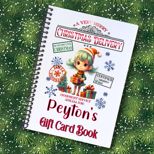 This image shows the Personalized Christmas Gift Card Book with Stickers and PVC Cover - Female Elf.
