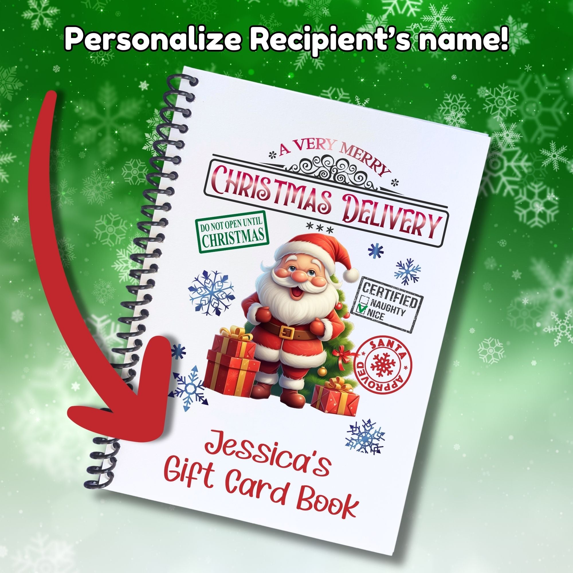 This image shows where your personalized name will be printed on the Personalized Christmas Gift Card Book with Stickers and PVC Cover - Christmas Delivery.