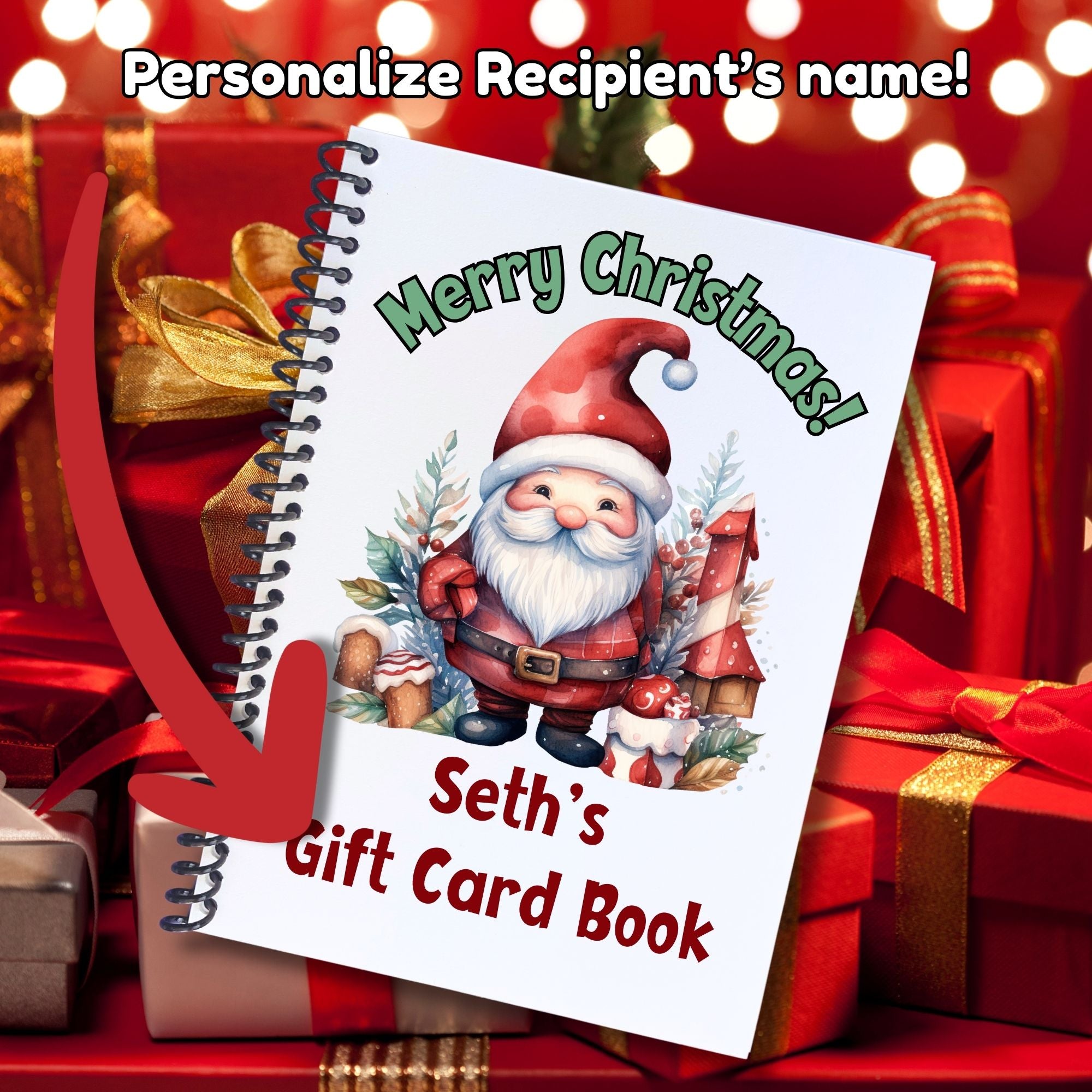 This image shows where your personalized name will be printed on the Personalized Christmas Gift Card Book with Stickers and PVC Cover - Santa.