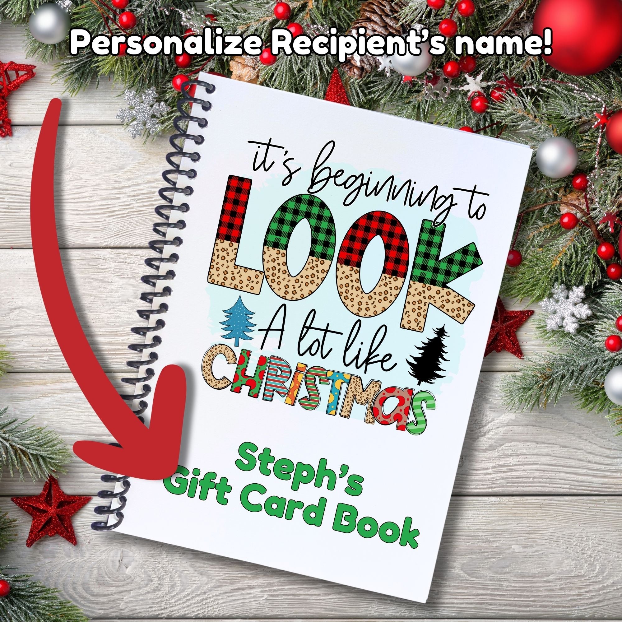 This image shows where your personalized name will be printed on the Personalized Christmas Gift Card Book with Stickers and PVC Cover - Beginning to look like Christmas.