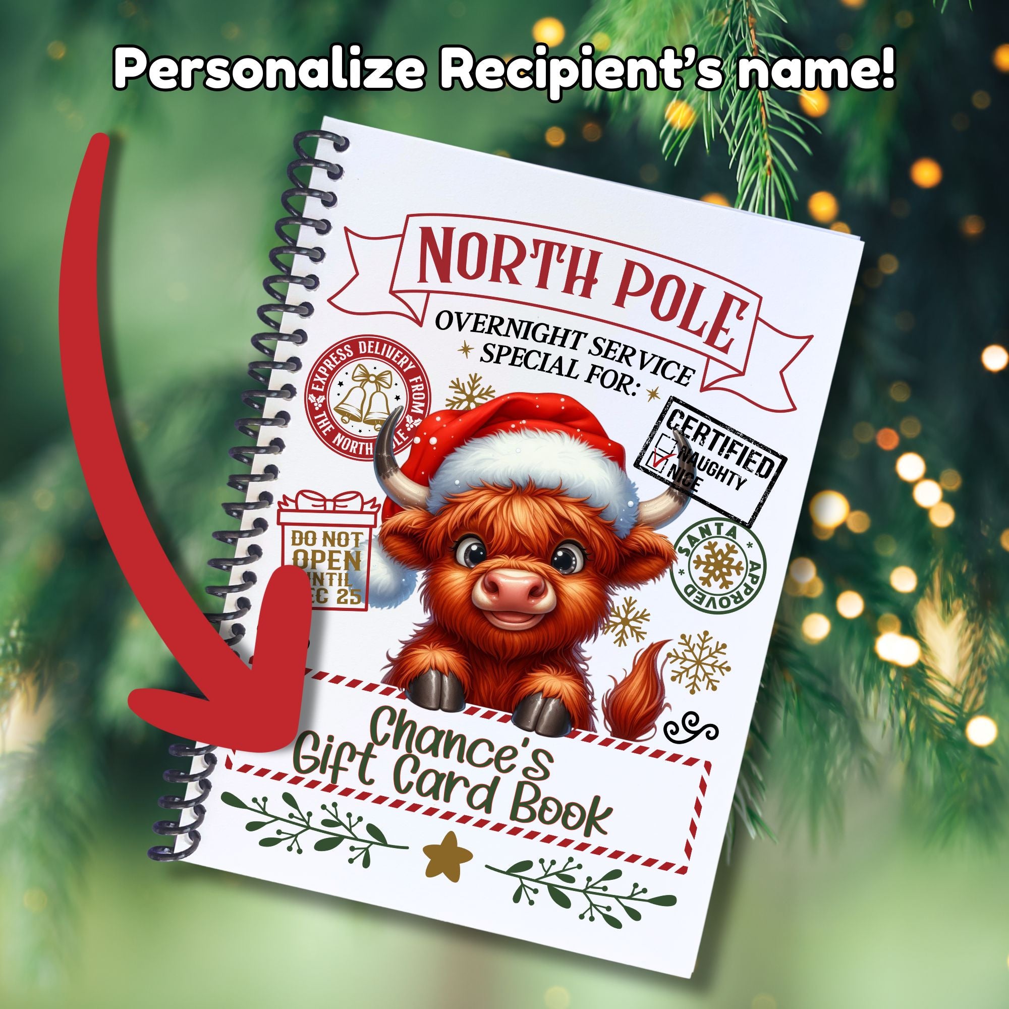 This image shows where your personalized name will be printed on the Personalized Christmas Gift Card Book with Stickers and PVC Cover - Christmas Cow.