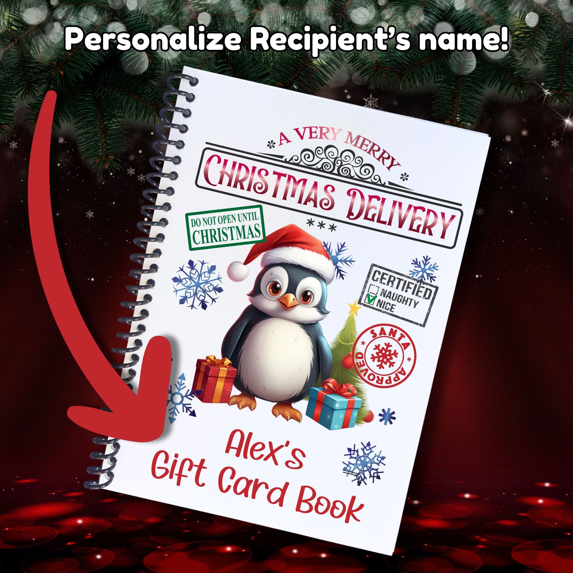 This image shows where your personalized name will be printed on the Personalized Christmas Gift Card Book with Stickers and PVC Cover - Christmas Penguin.