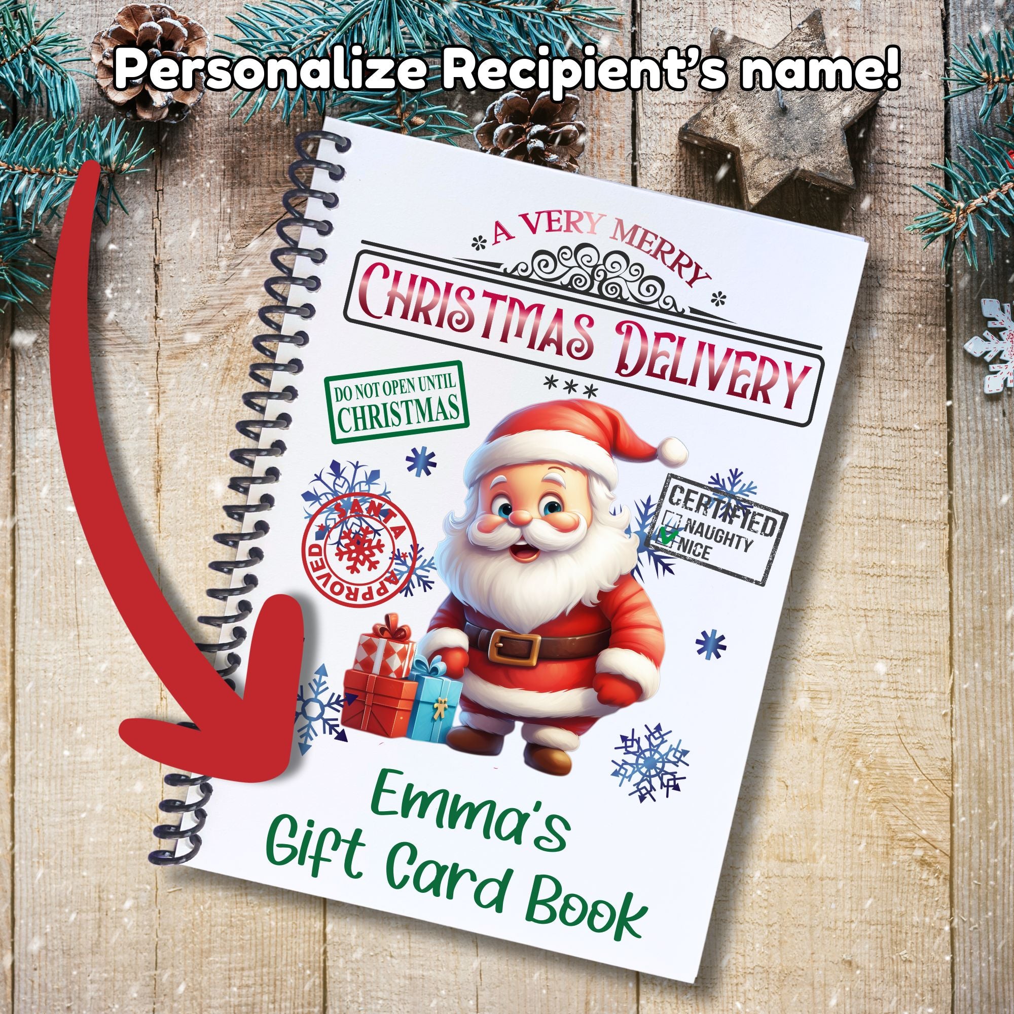 This image shows where your personalized name will be printed on the Personalized Christmas Gift Card Book with Stickers and PVC Cover - Christmas Santa.