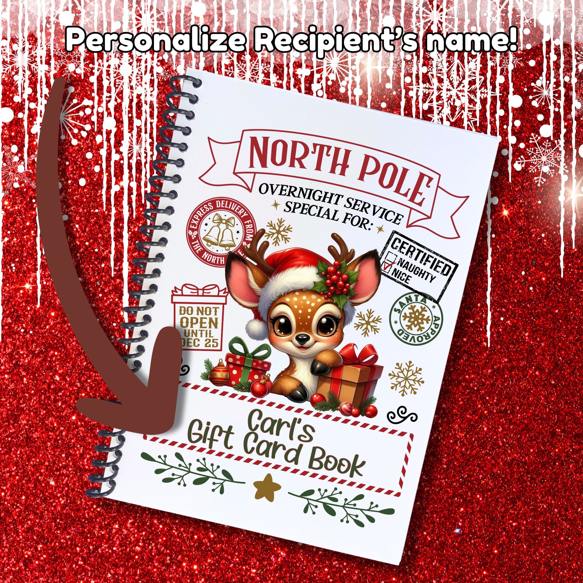 This image shows where your personalized name will be printed on the Personalized Christmas Gift Card Book with Stickers and PVC Cover - Christmas Deer.