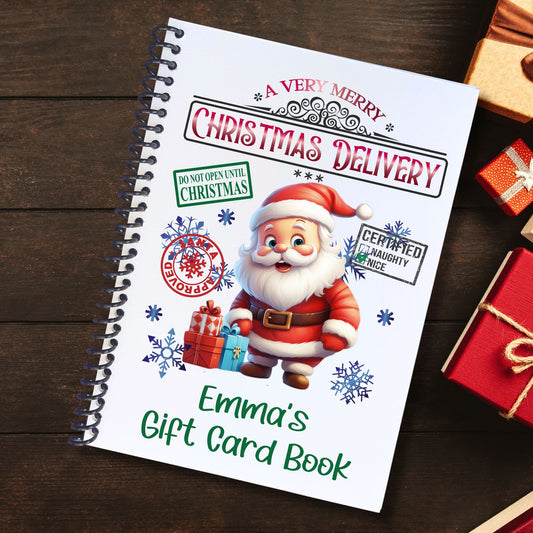 This image shows the cover of the Personalized Christmas Gift Card Book with Stickers and PVC Cover - Christmas Santa.
