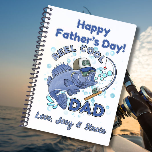 This image shows the Personalized Father's Day Compact 5"x7" Gift Card Book with Stickers and PVC Cover - Reel Cool Dad.