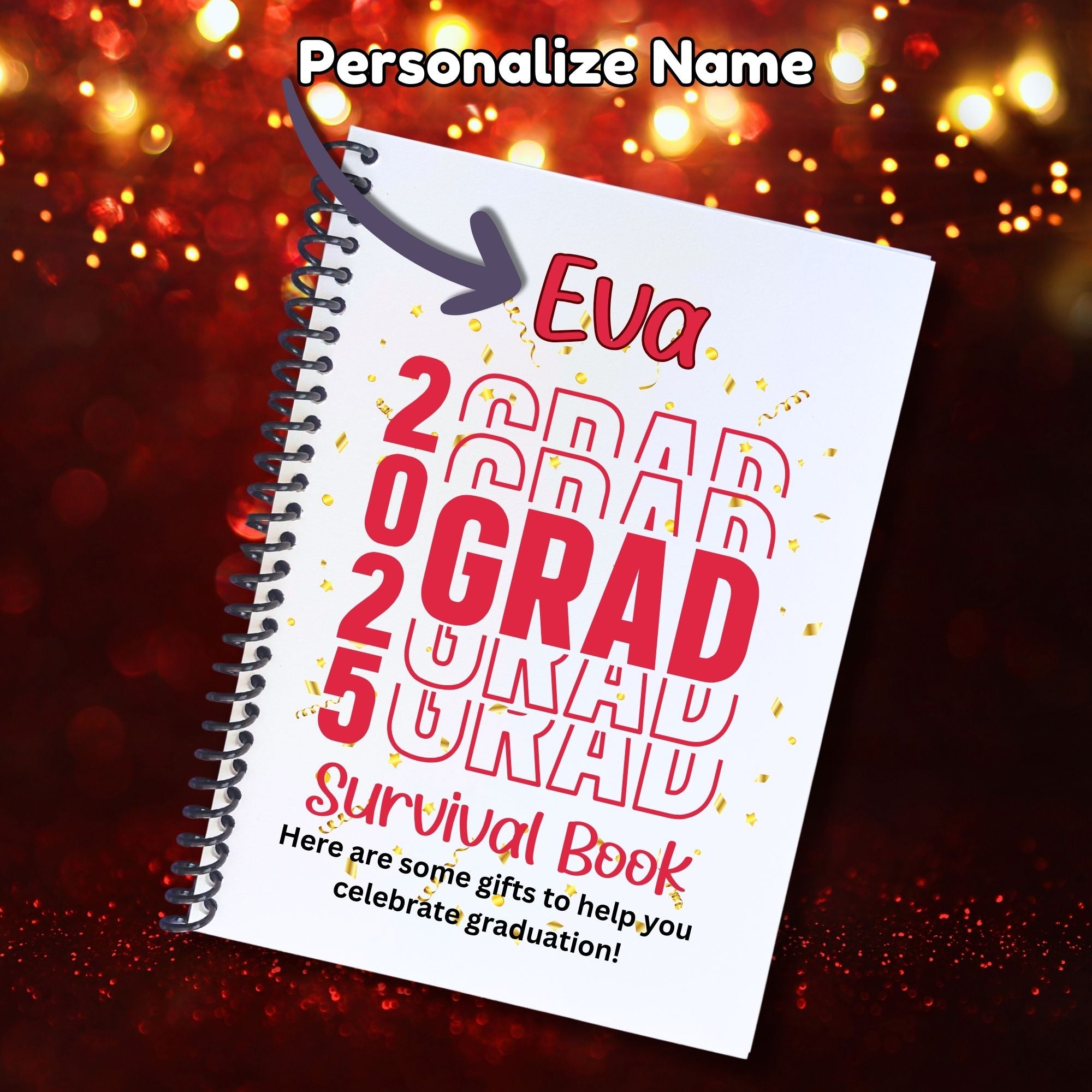 This image shows where your personalized name will be printed on the Personalized Grad Gift Card Book with Stickers and PVC Cover - Red.