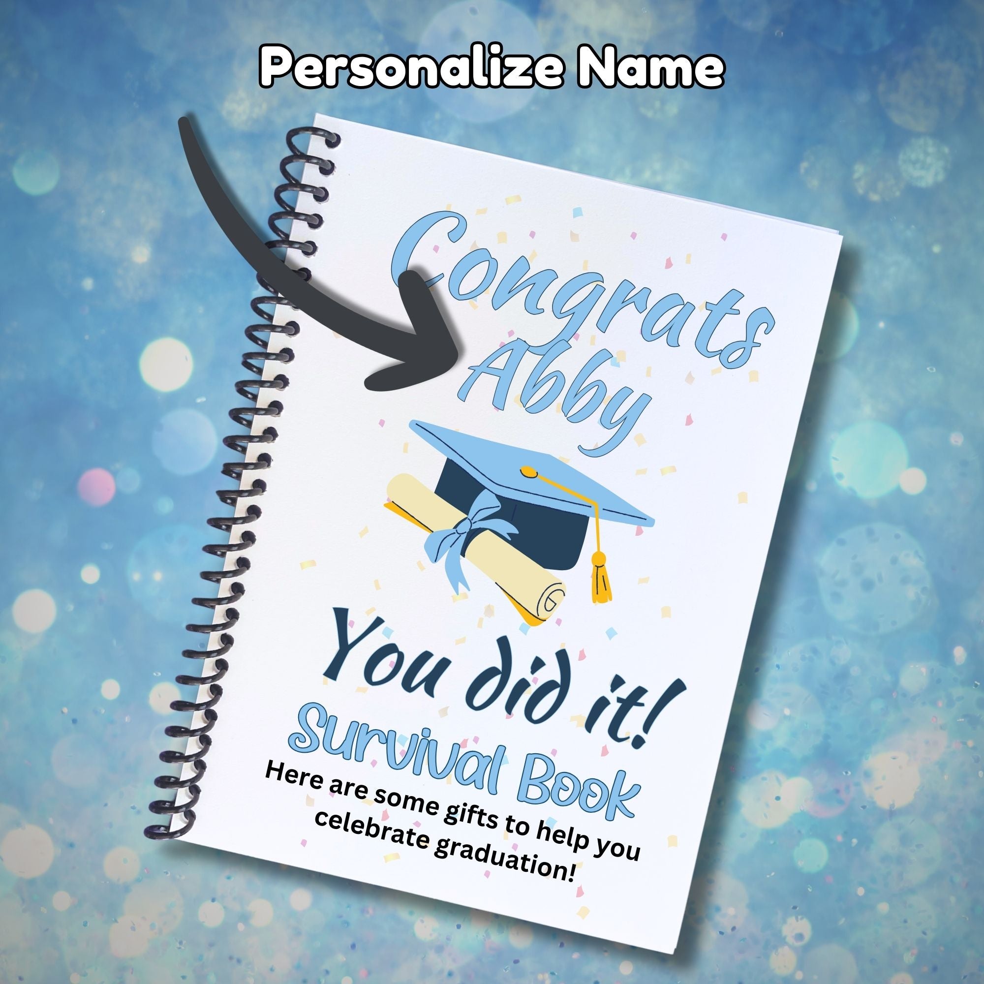 This image shows where your personalized name will be printed on the Personalized Grad Gift Card Book with Stickers and PVC Cover - Congrats, You Did It!