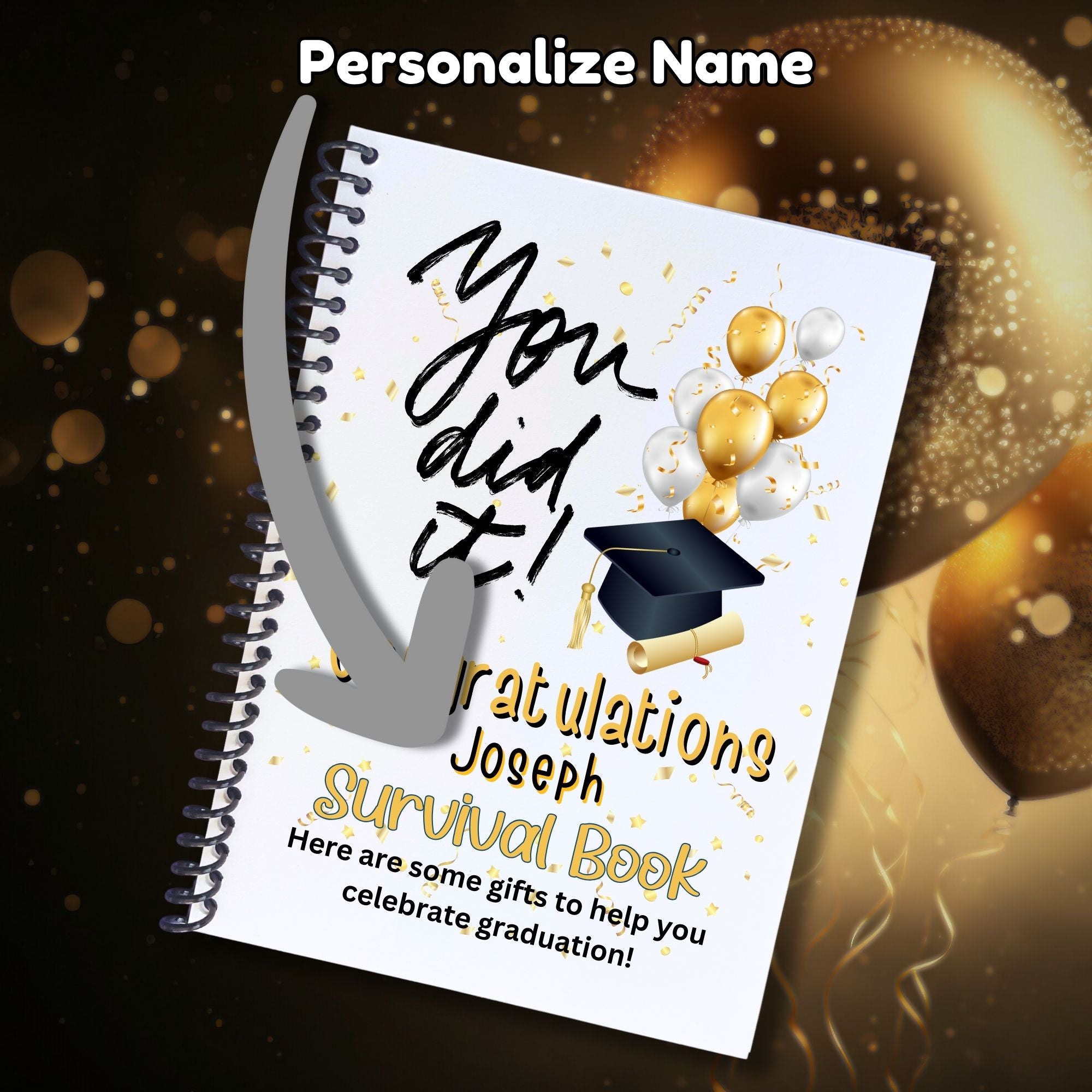 This image shows where your personalized name will be printed on the Personalized Grad Gift Card Book with Stickers and PVC Cover - You Did It!