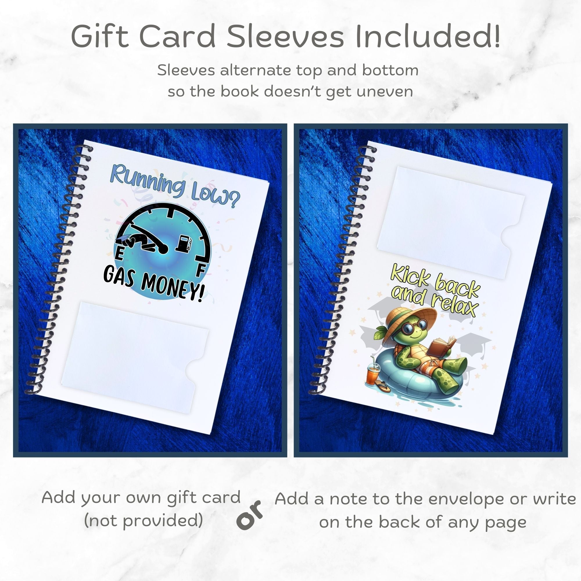 This image shows how the included gift card envelopes are staggered top and bottom in the Personalized Grad Gift Card Book with Stickers and PVC Cover - Congrats.