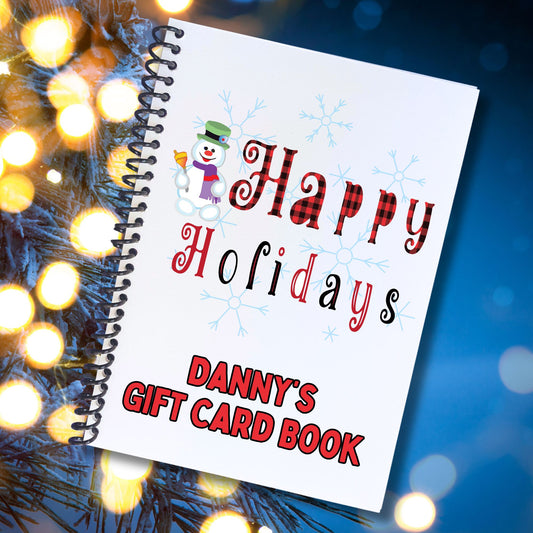 This image shows the cover of the Personalized Holiday Gift Card Book with Stickers and PVC Cover - Holiday Snowman 1.