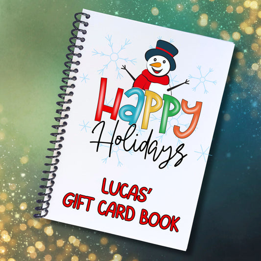 This image shows the cover of the Personalized Holiday Gift Card Book with Stickers and PVC Cover - Holiday Snowman 3.