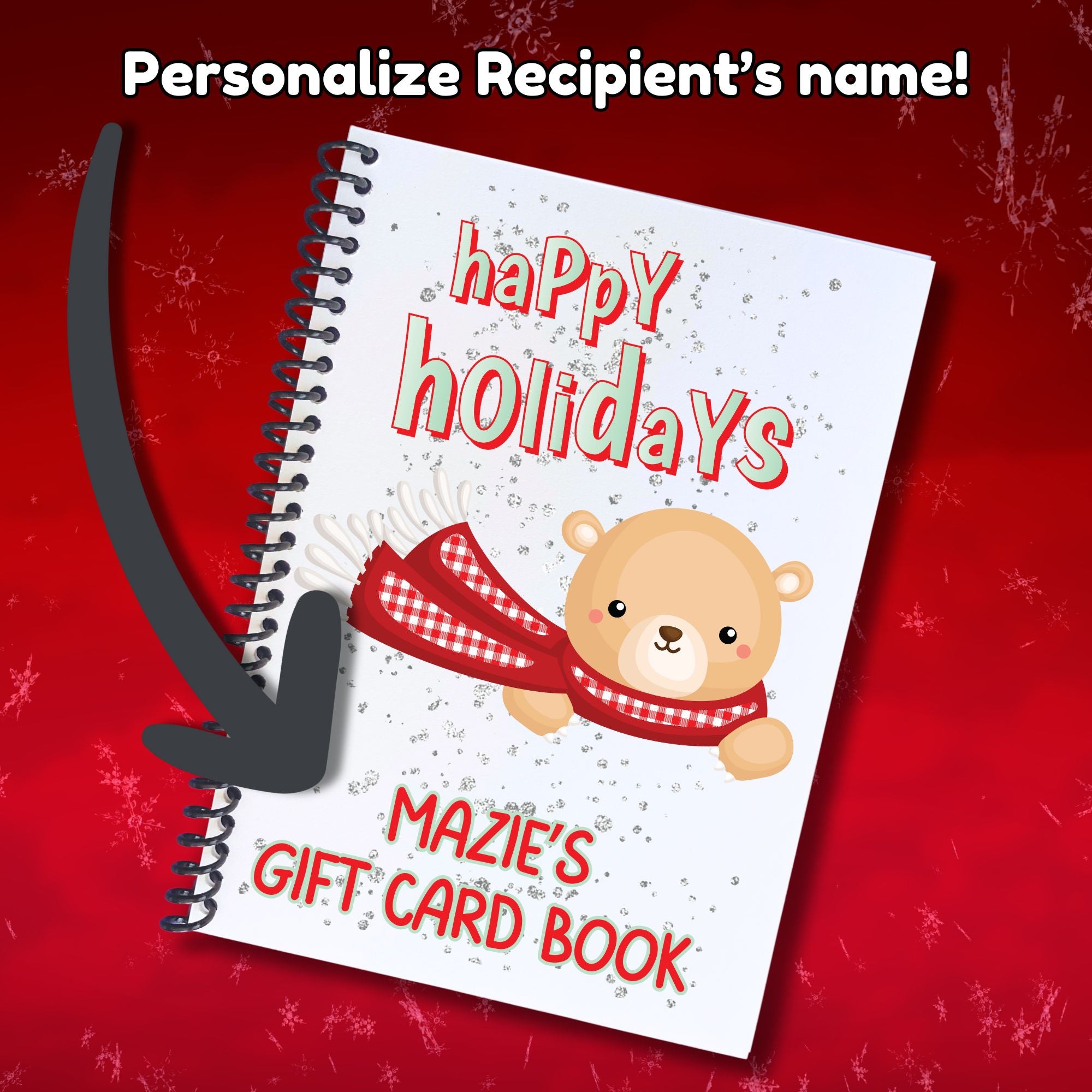 This image shows where your personalized name will be printed on the Personalized Holiday Gift Card Book with Stickers and PVC Cover - Holiday Bear.