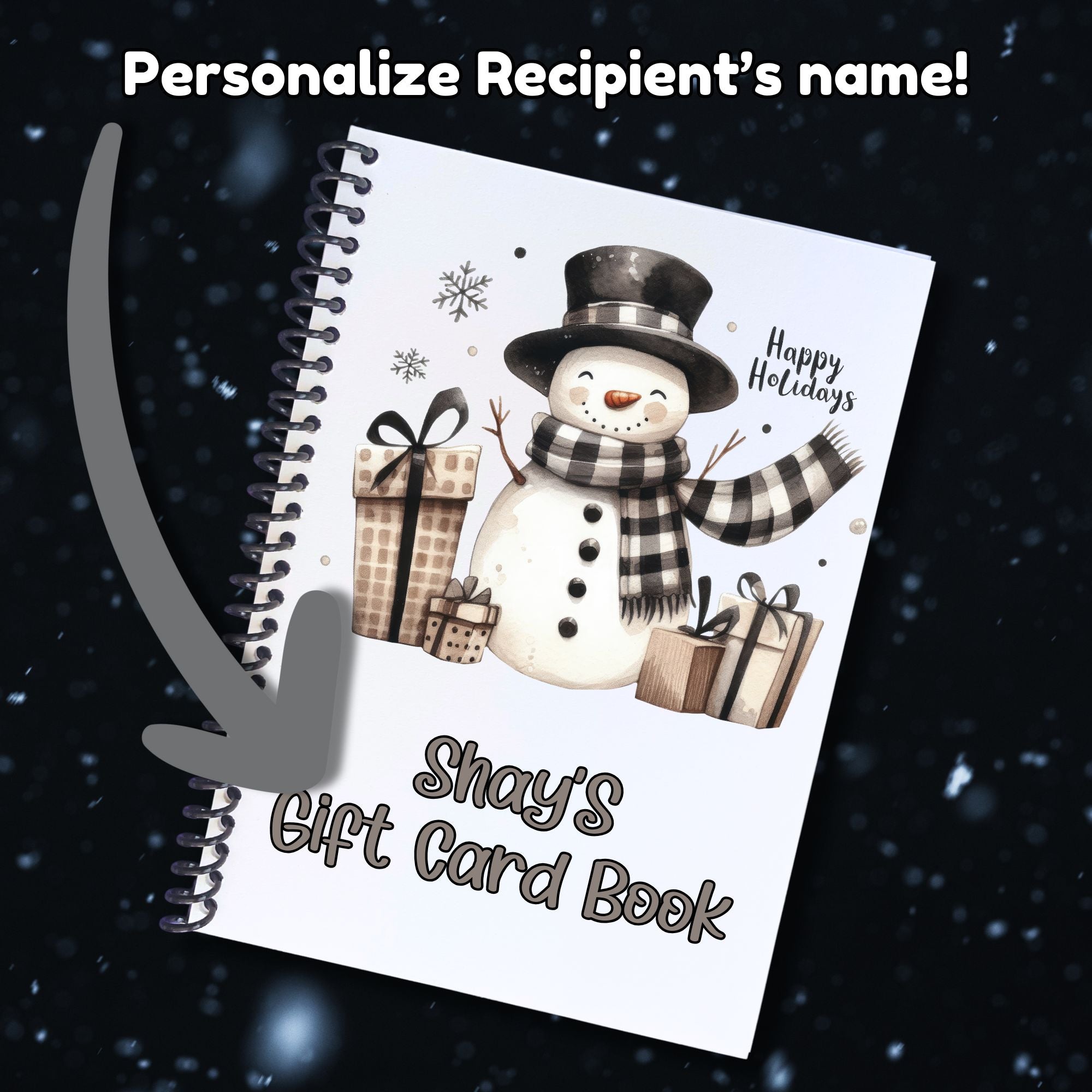 This image shows where your personalized name will be printed on the Personalized Holiday Gift Card Book with Stickers and PVC Cover - Holiday Snowman 2.