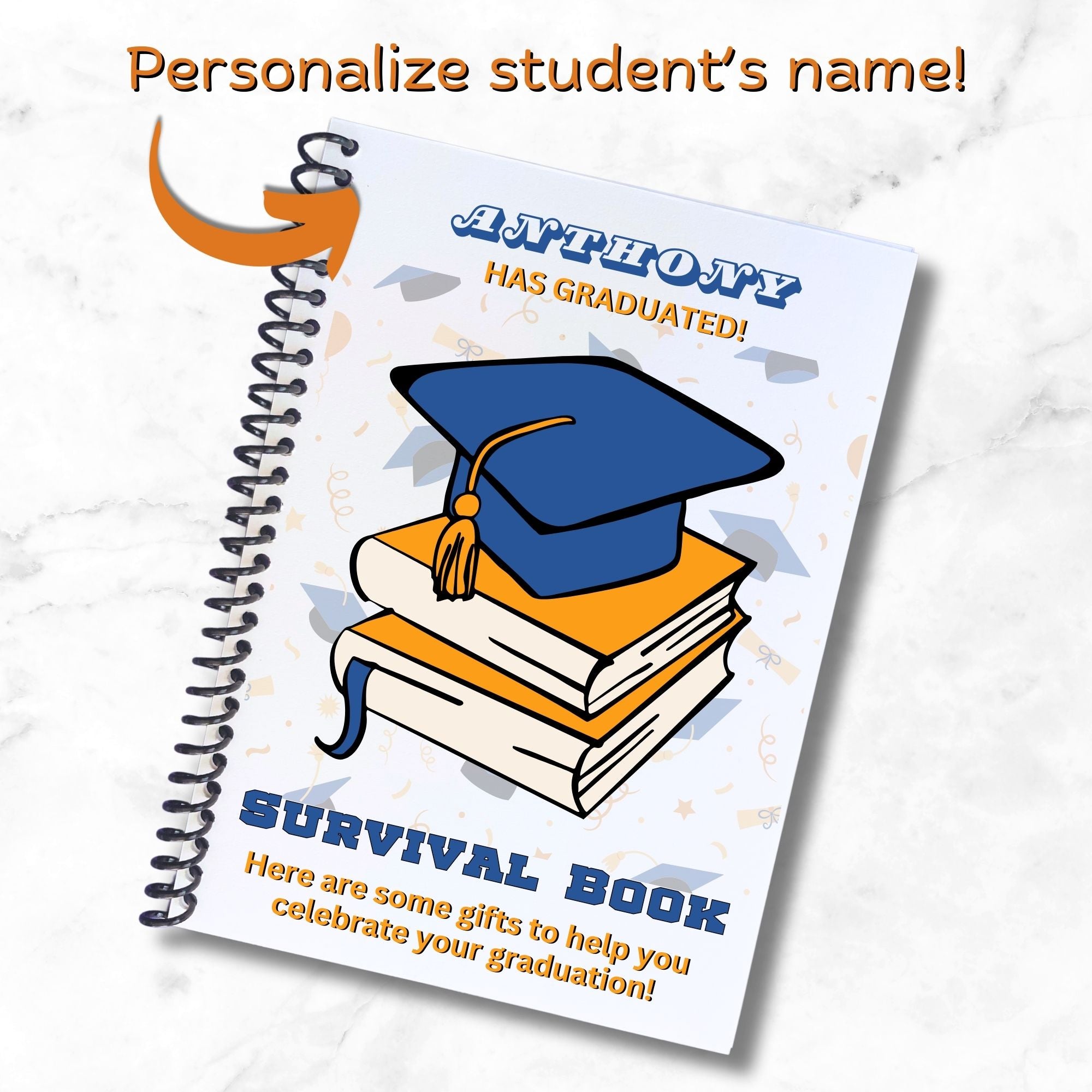 This image shows where your personalized name will be printed on the Personalized Grad Gift Card Book with Stickers and PVC Cover - Orange & Blue Books.