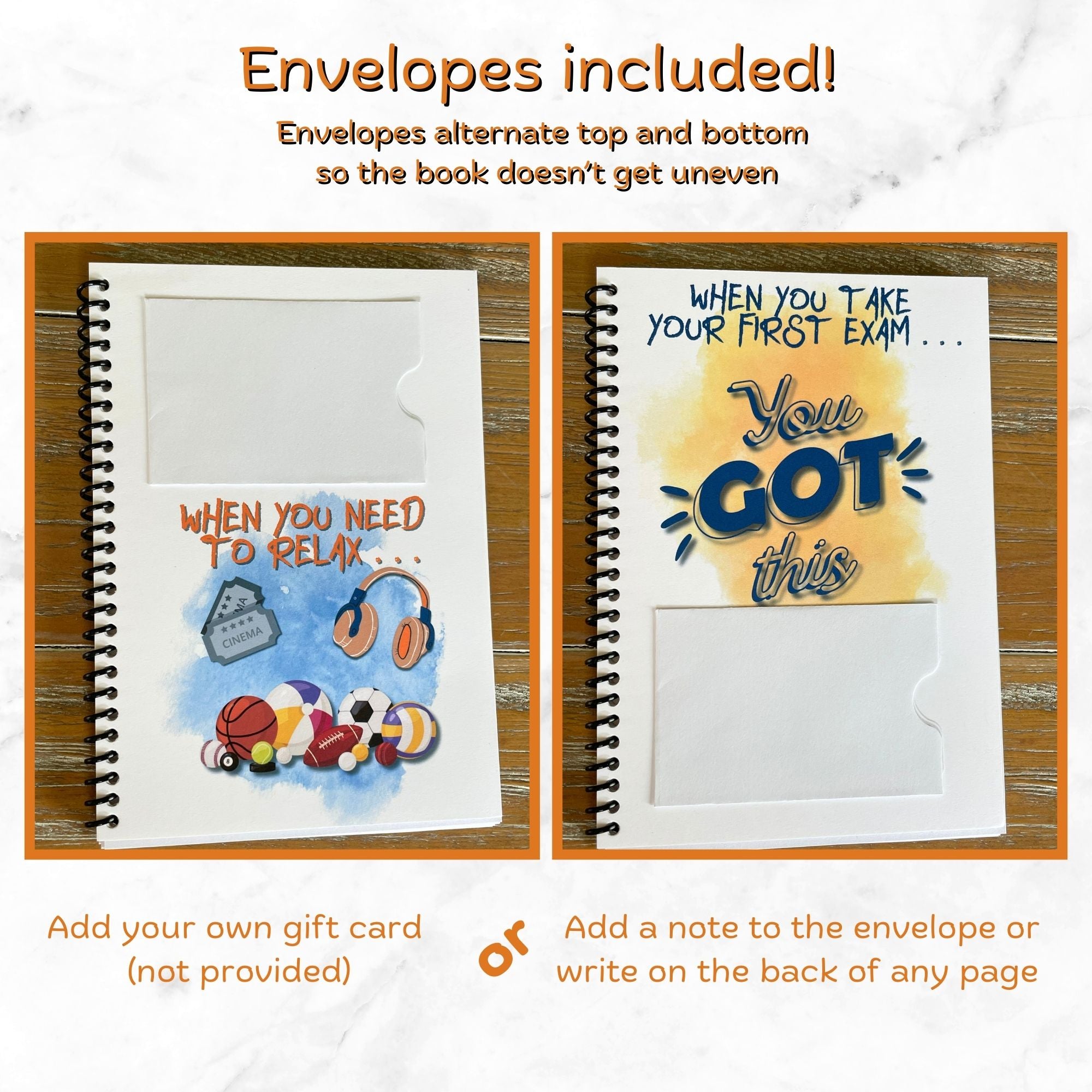 This image shows how the gift card envelopes are alternated in the Orange and Blue Gift Card Book.