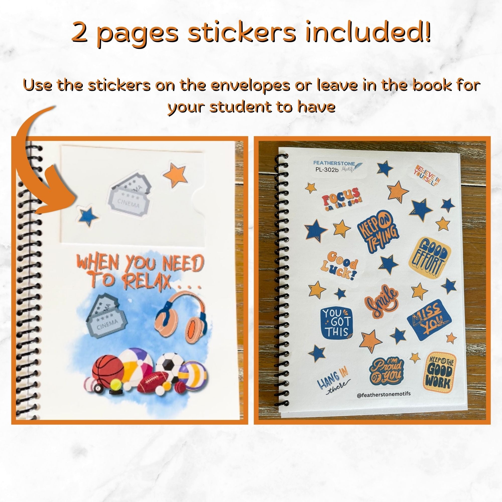 This image shows one of the sticker sheets included in the Orange and Blue Gift Card Book.