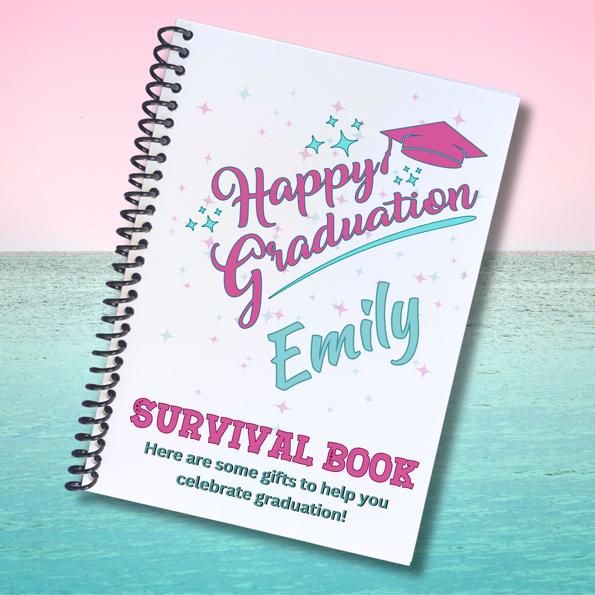 This image shows the Personalized Graduation Gift Card Book with Stickers and PVC Cover - Pink & Teal Happy Graduation.