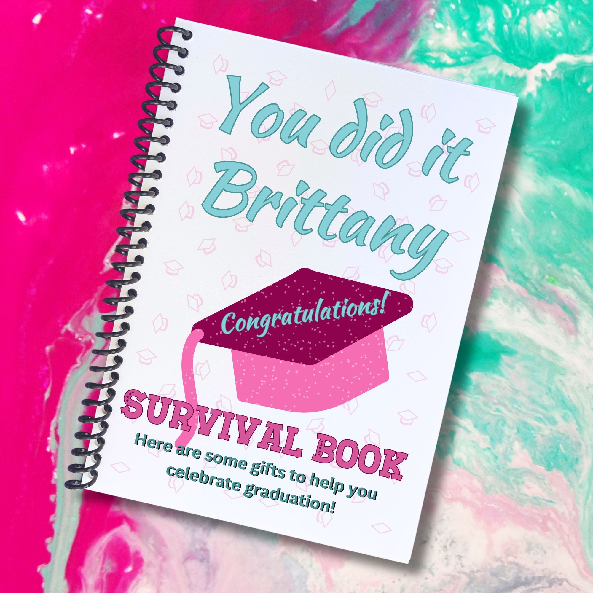 This image shows the Personalized Graduation Gift Card Book with Stickers and PVC Cover - Pink & Teal You Did It.