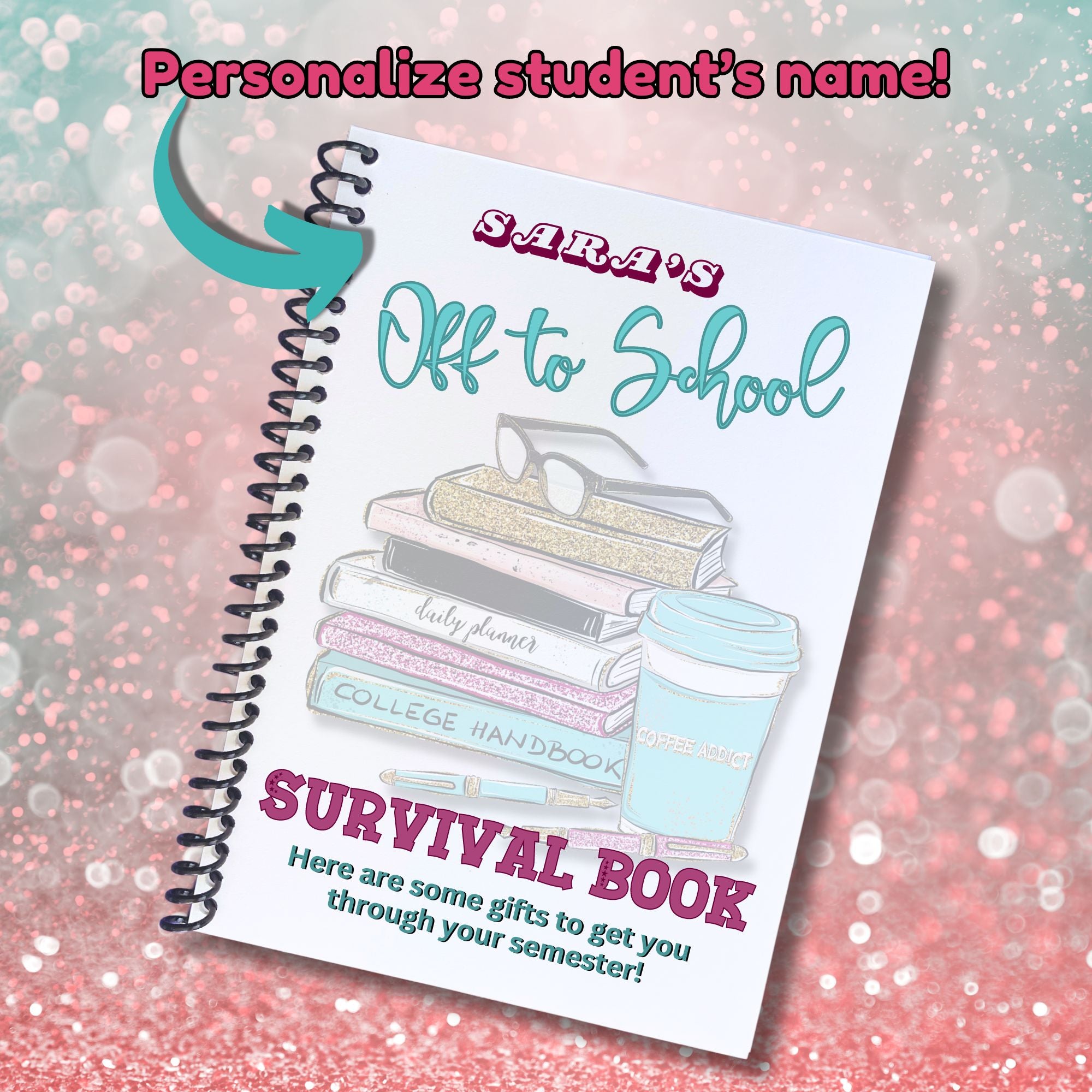 This image shows where the student's name will be printed on the Personalized Off to School Gift Card Book - Pink & Teal.