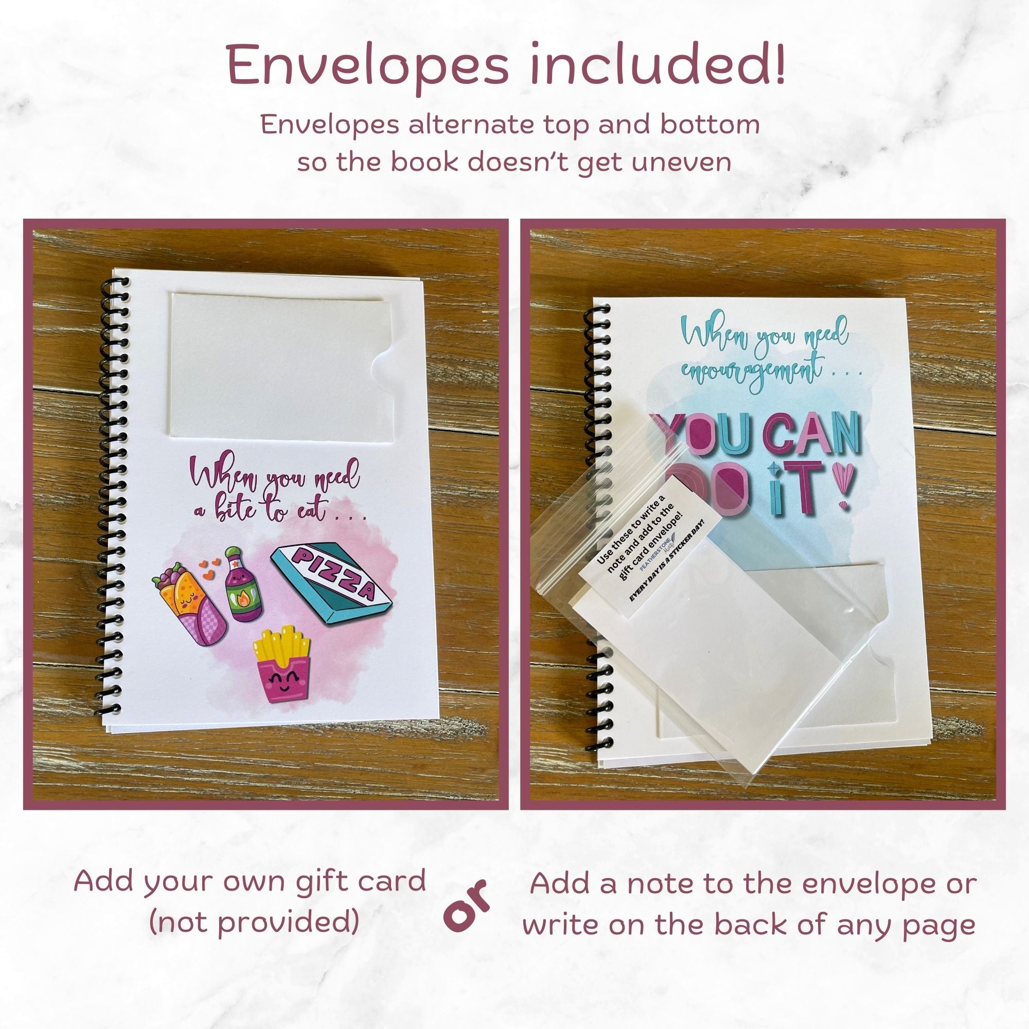 This image shows how the gift card envelopes are alternated in the Personalized Off to School Gift Card Book - Pink & Teal.