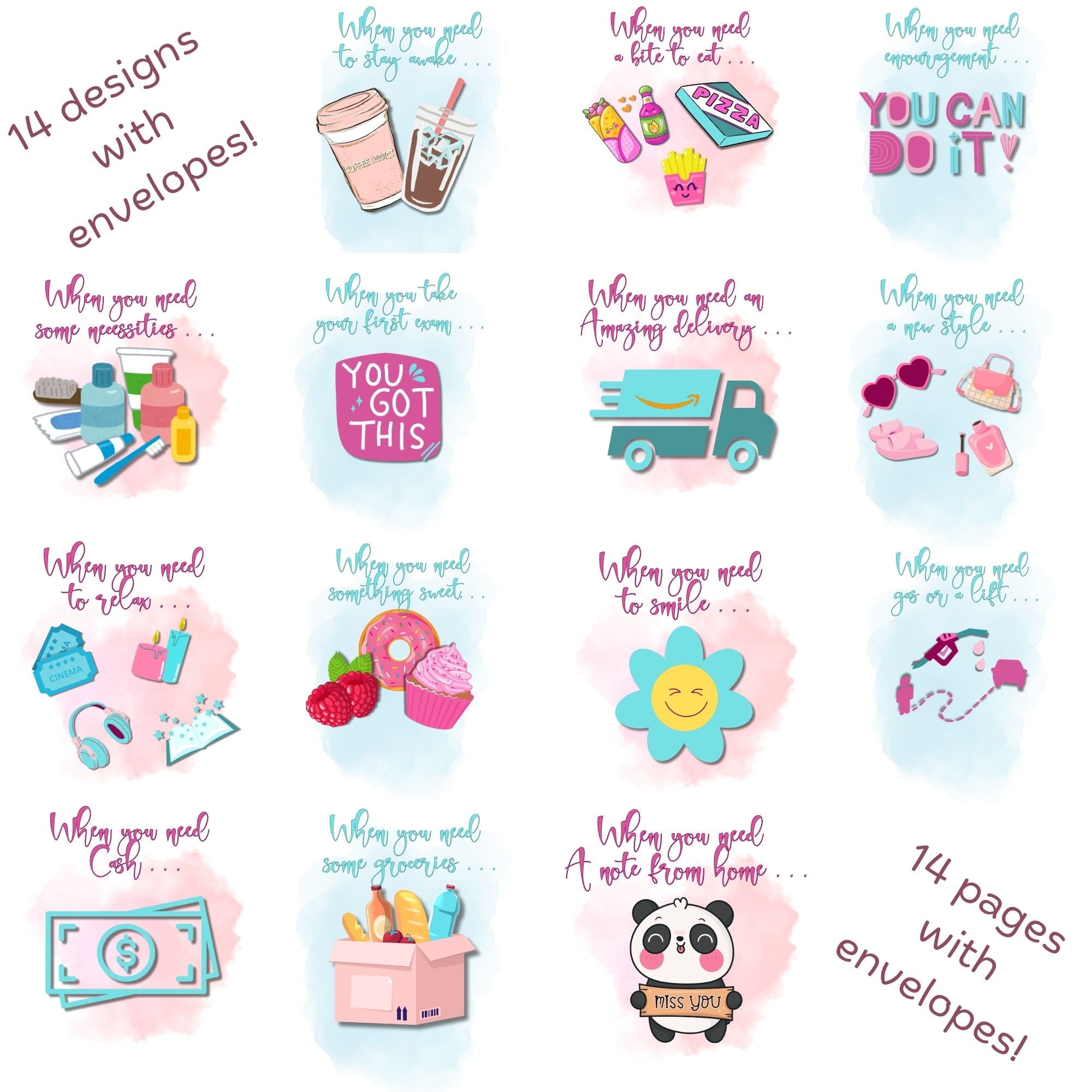 This image shows the images from all 14 pages of the Personalized Off to School Gift Card Book - Pink & Teal.