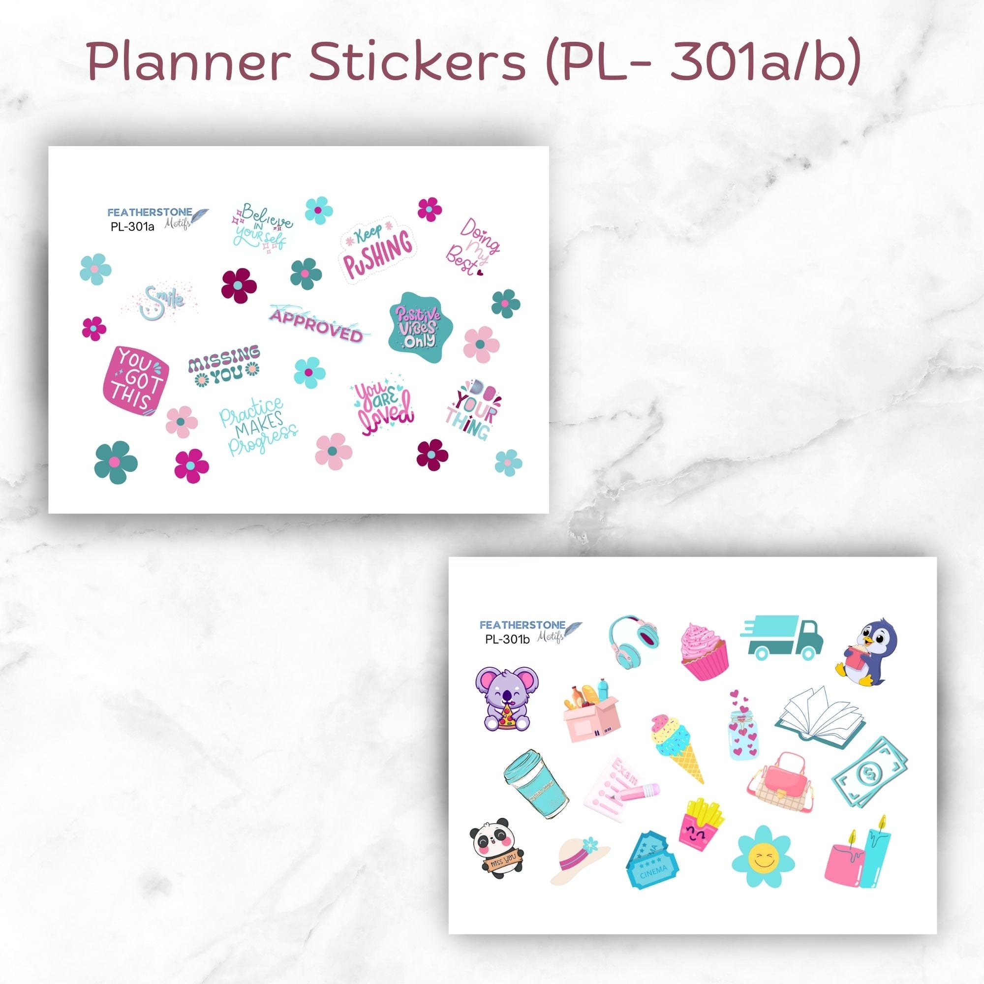 This image shows the 2 sticker sheets included in the Personalized Off to School Gift Card Book - Pink & Teal.