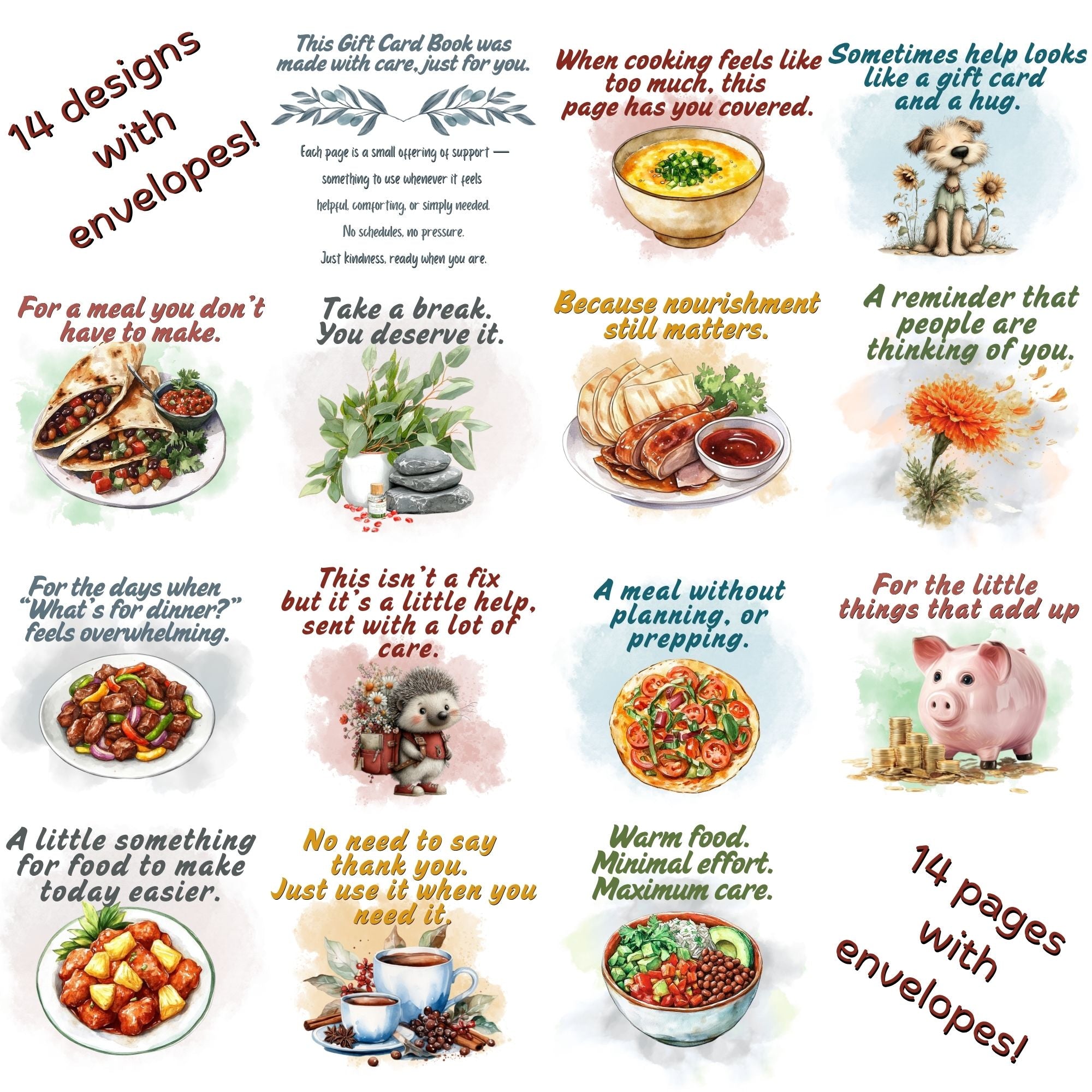 This image shows the 14 page designs included in the Personalized Small Acts of Care Gift Card Book with Stickers and PVC Cover - Thinking of you.