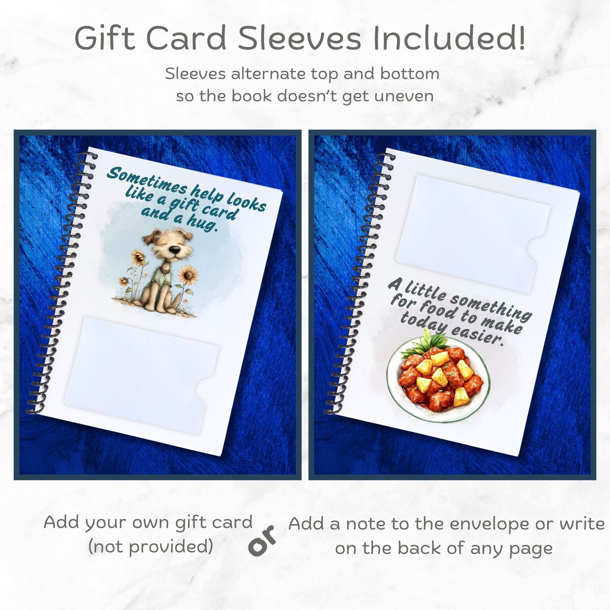 This image shows how the gift card envelopes alternate top and bottom in the Personalized Small Acts of Care Gift Card Book with Stickers and PVC Cover - Thinking of you.
