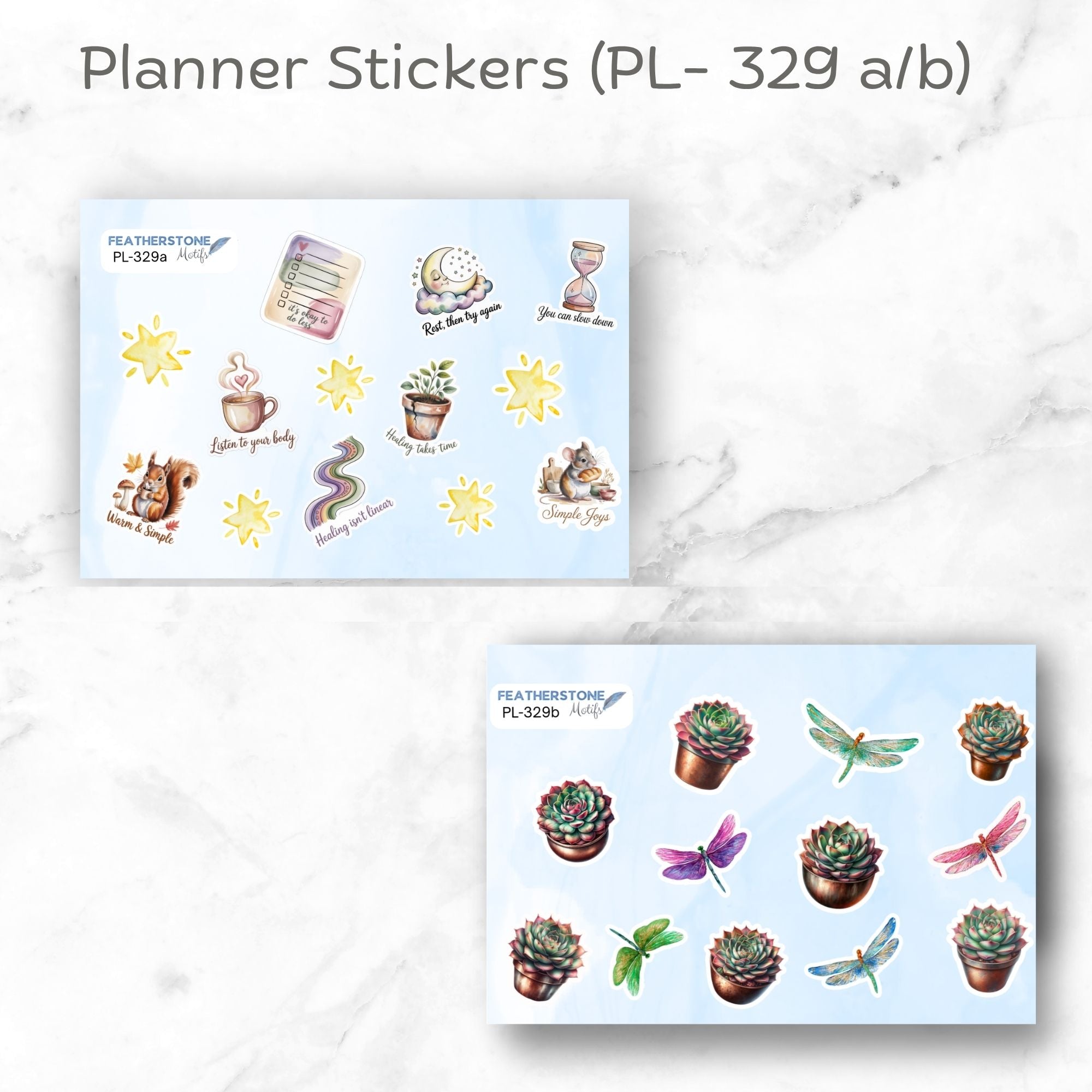This image shows the two matte paper sticker sheets included with the Personalized Small Acts of Care Gift Card Book with Stickers and PVC Cover - Thinking of you.