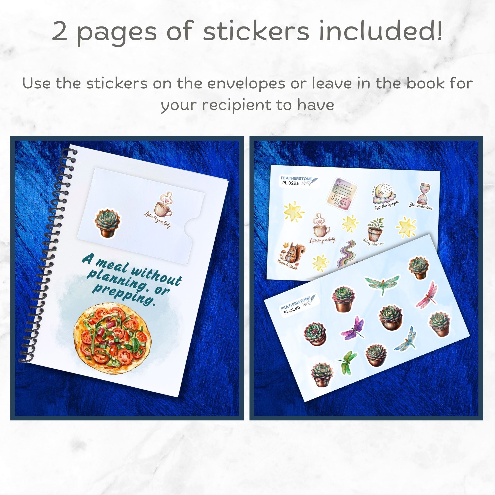 This image shows how you can use the included matte paper stickers in the Personalized Small Acts of Care Gift Card Book with Stickers and PVC Cover - Thinking of you.