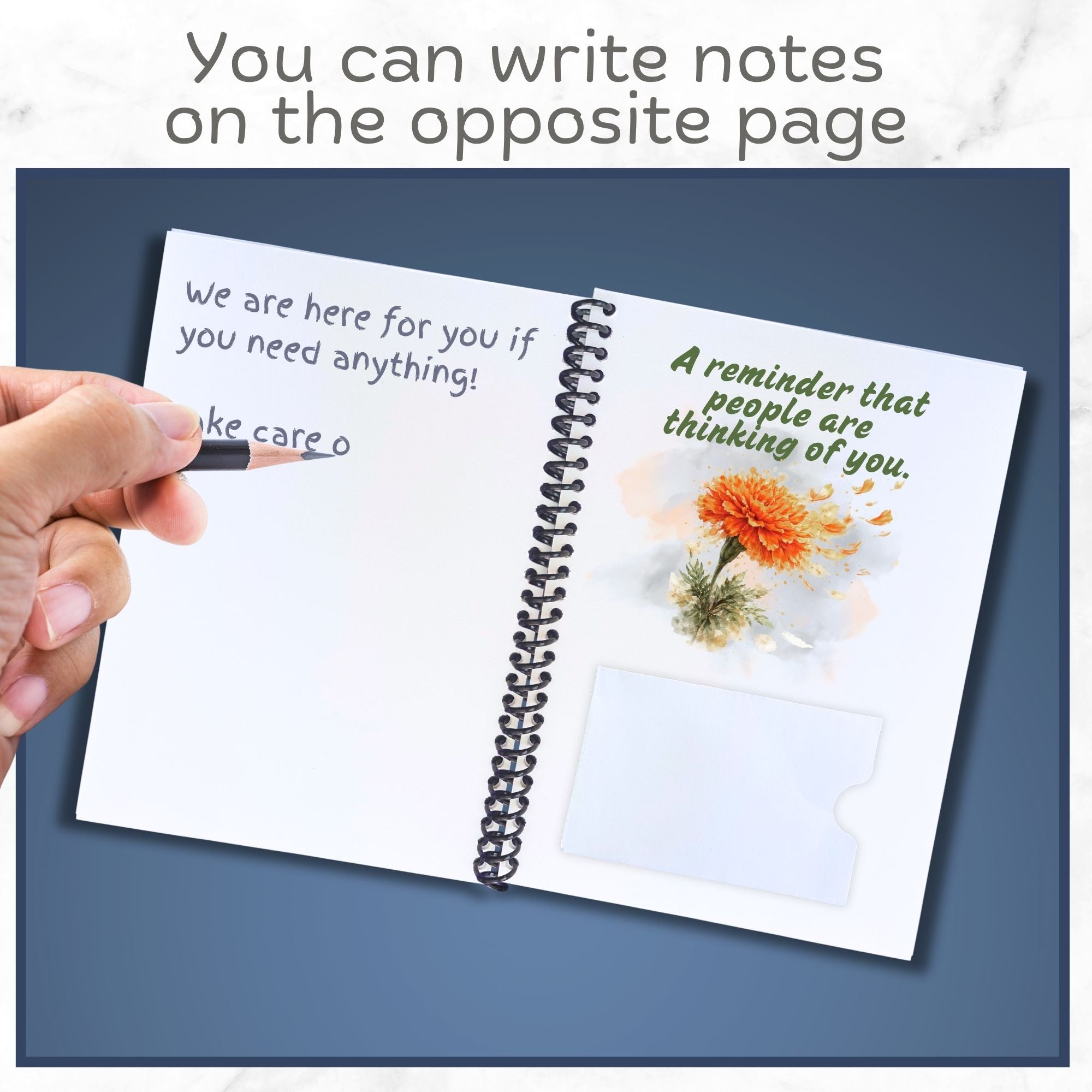 This image shows how you can write a longer message on the prior page of the Personalized Small Acts of Care Gift Card Book with Stickers and PVC Cover - Thinking of you.